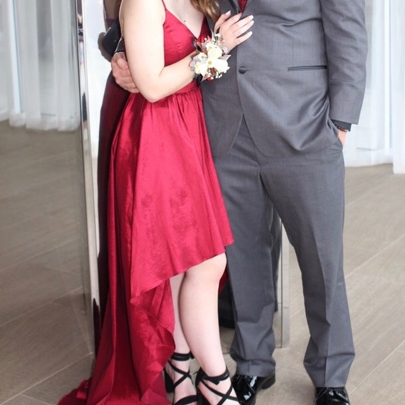 red high to low satin prom dress - Picture 2 of 2